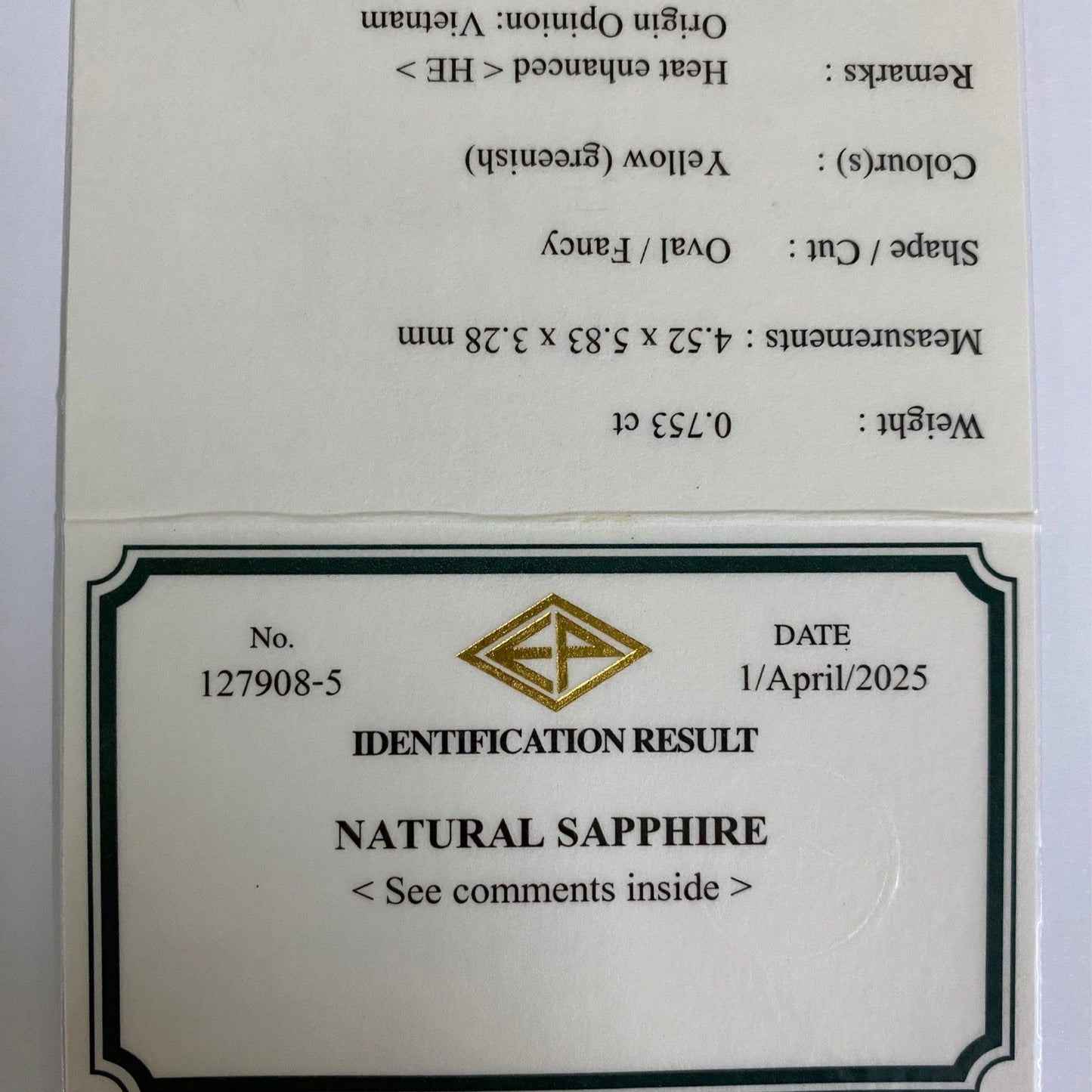 Greenish Yellow Sapphire 0.753ct / Vietnam