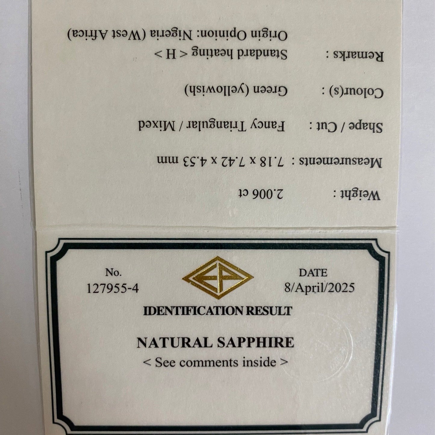 Yellowish Green Sapphire 2.006ct / Nigeria