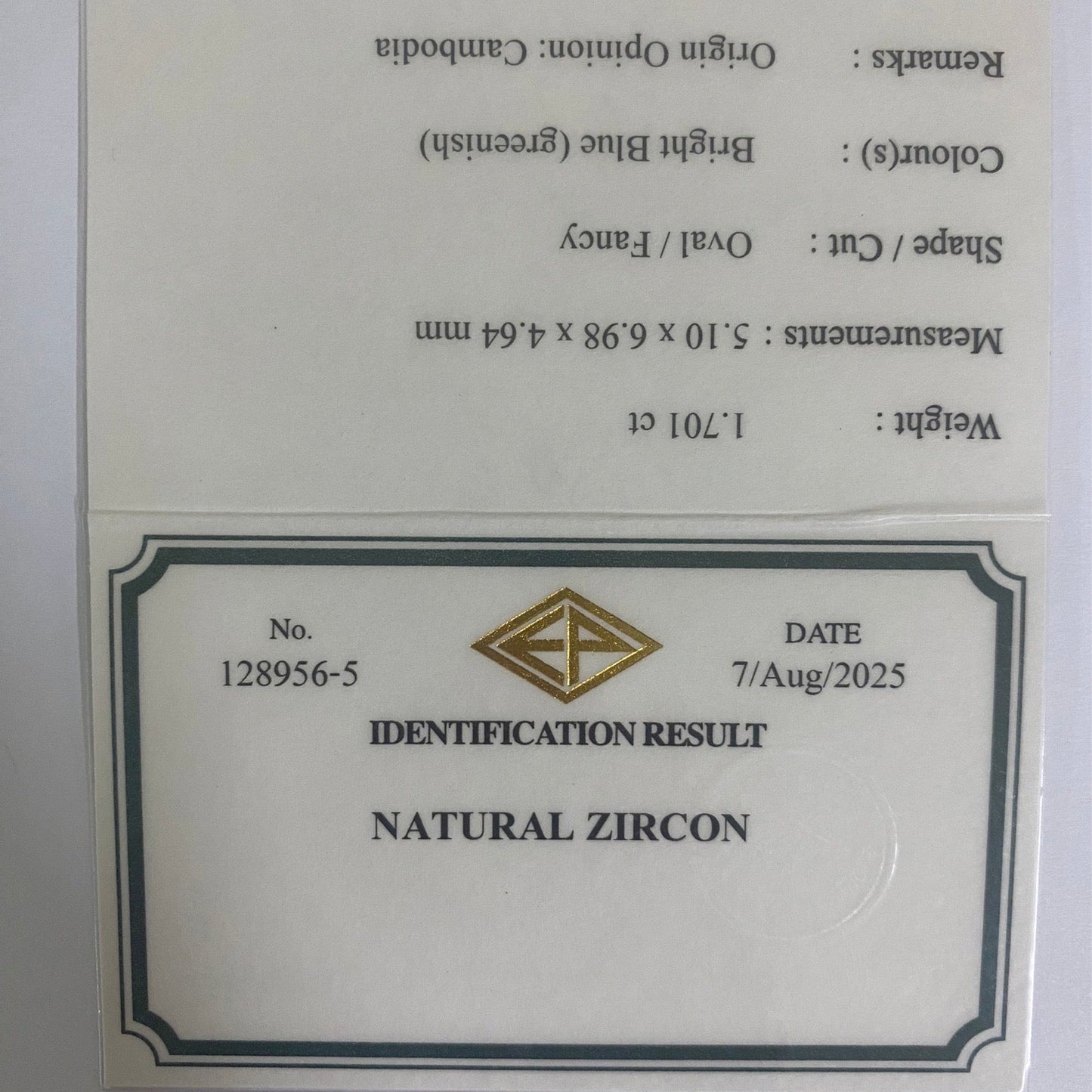 Blue Zircon 1.701ct (Tenebresence) / Cambodia
