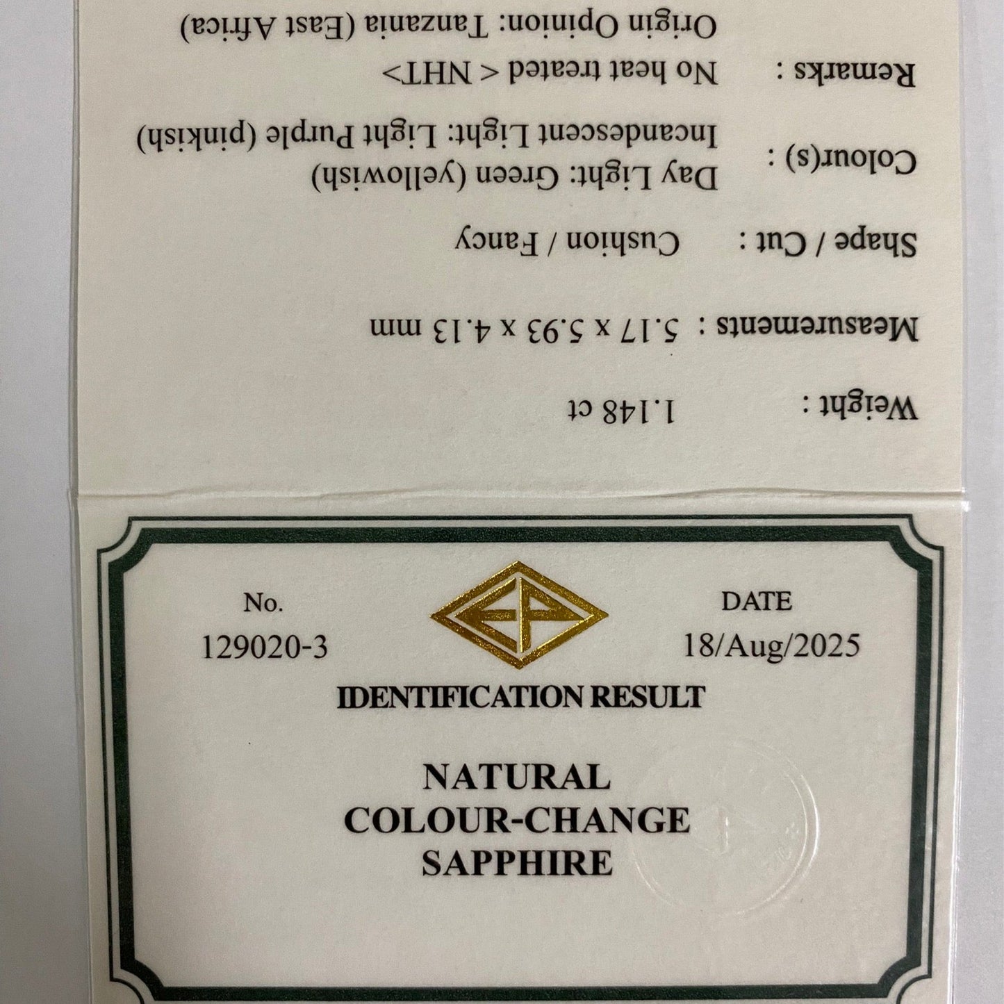 Un-Heat Color Change Sapphire 1.148ct / Tanzania