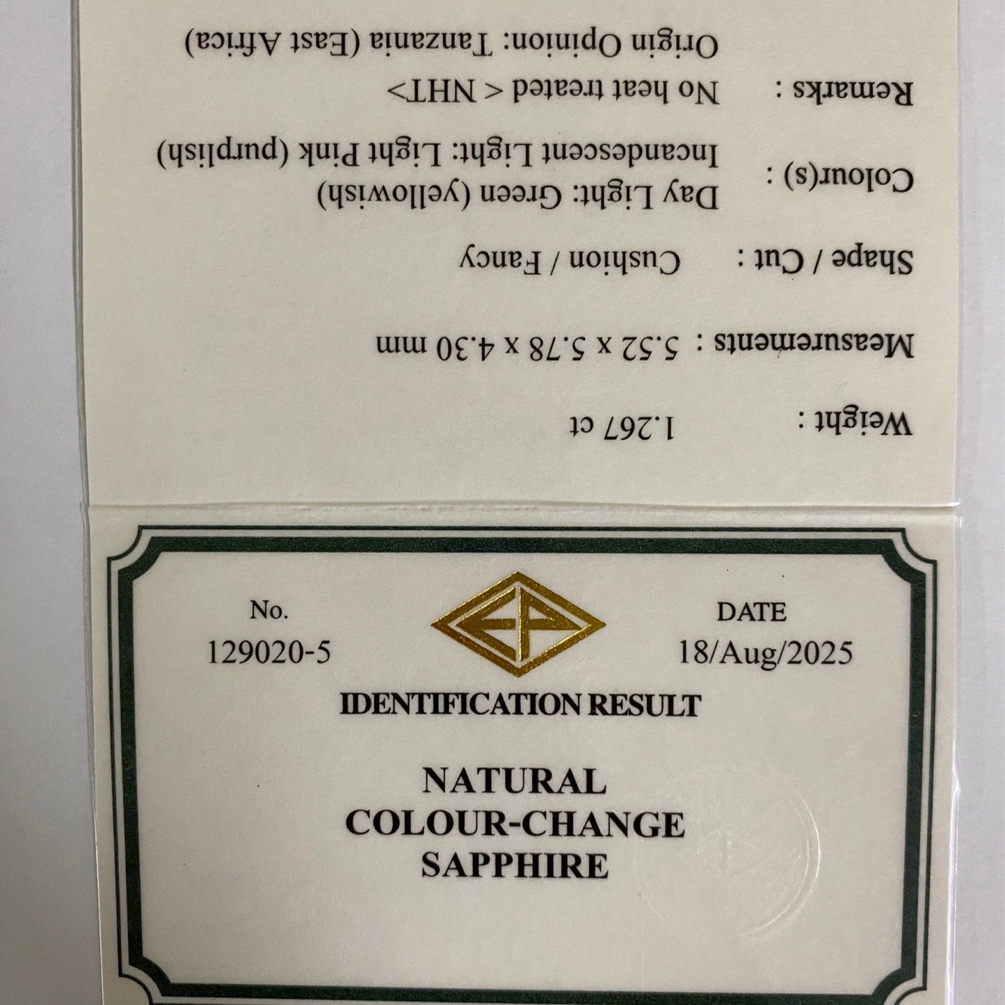 Un-Heat Color Change Sapphire 1.267ct / Tanzania