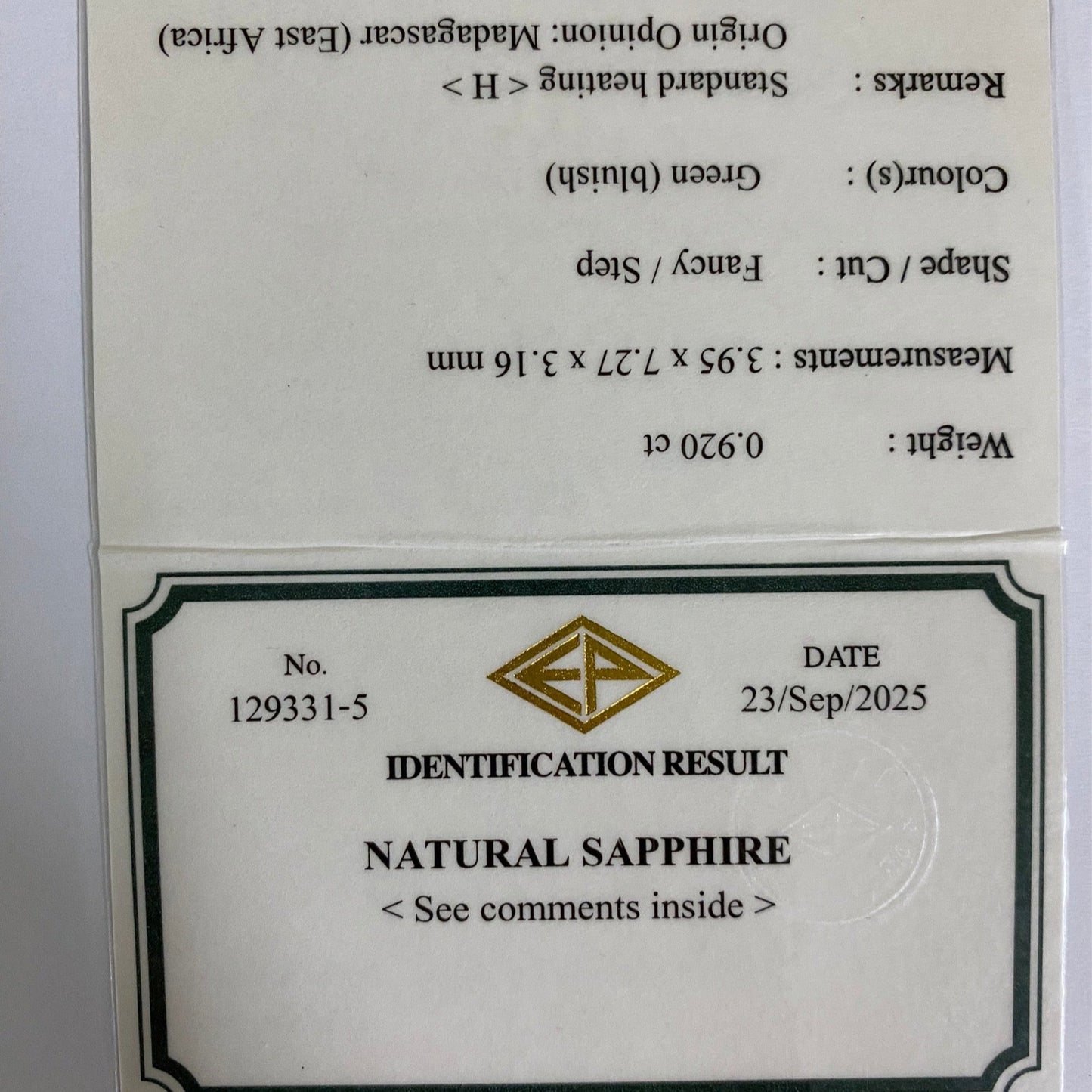 Bluish Green Sapphire 0.920ct / Madagascar