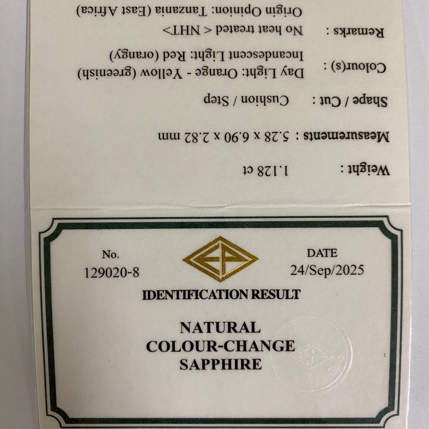 Un-Heat Color Change Sapphire 1.128ct / Tanzania