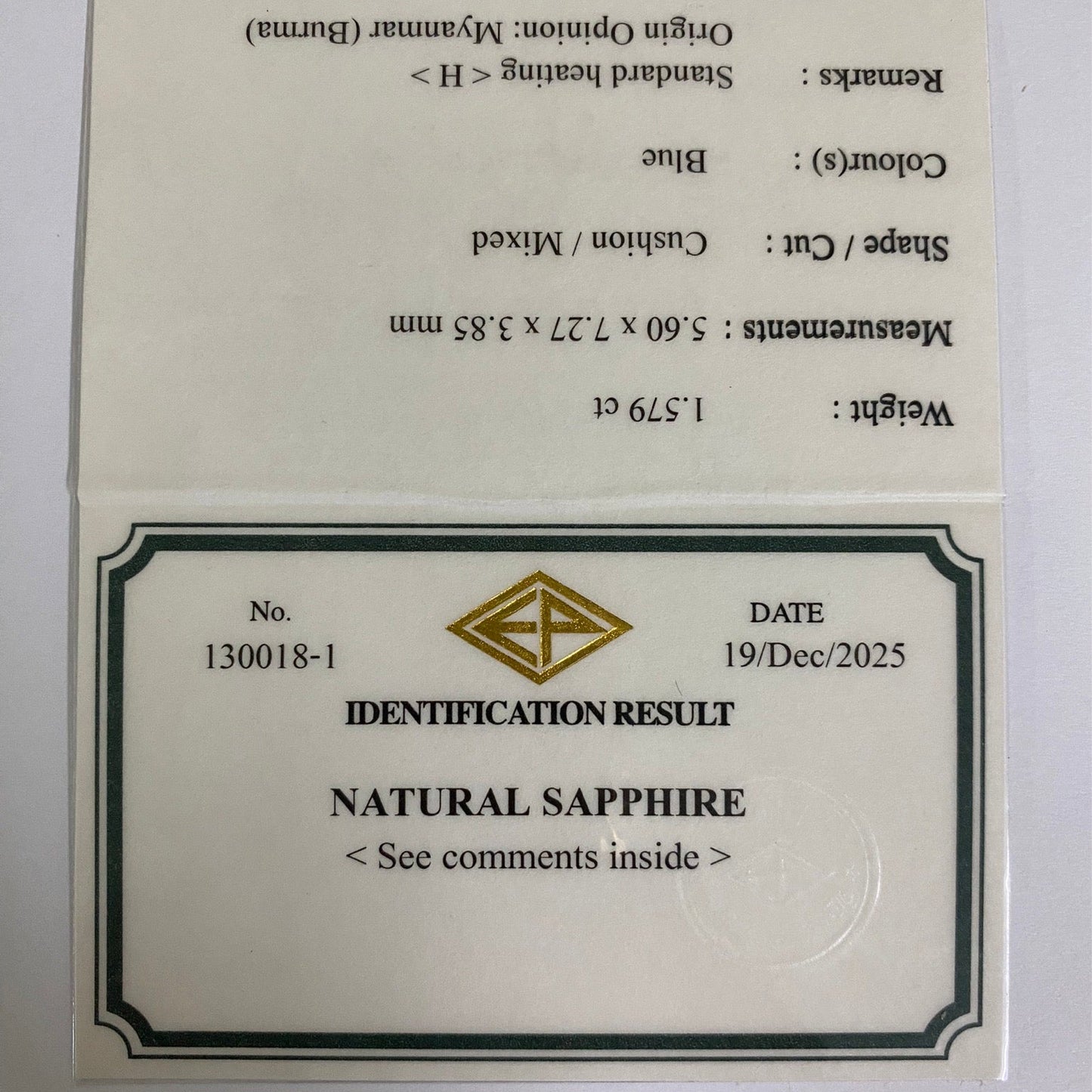 Cornflower Blue Sapphire 1.579ct / Burma