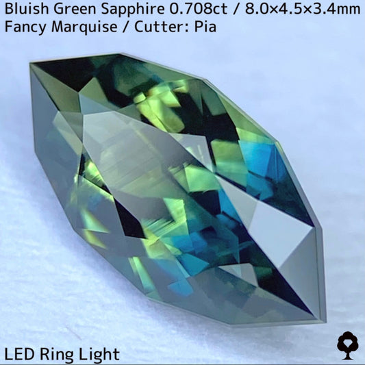[For the winner only] Bluish green sapphire 0.708ct ★ Fancy marquise with a sharp bicolor gradation and color band