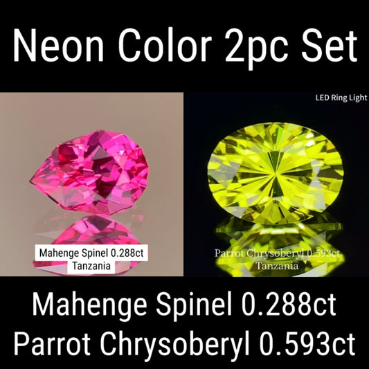 [Neon Color 2pc Set] Parrot Chrysoberyl 0.593ct / Mahenge Spinel 0.288ct