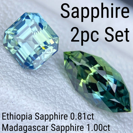 【Sapphire 2pc Set】Silky Greenish Blue Sapphire 0.81ct / Bluish Green Sapphire 1.00ct