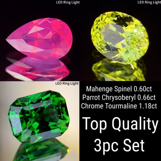 【Top Quality 3pc Set】Mahenge Spinel 0.60ct / Parrot Chrysoberyl 0.66ct / Chrome Tourmaline 1.18ct