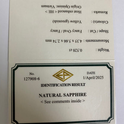【3万円のお買い物で無料に】Greenish Yellow Sapphire 0.528ct / Vietnam