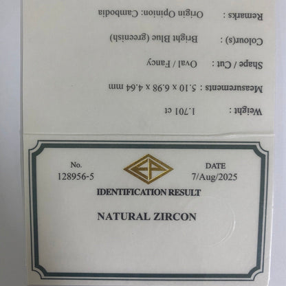 Blue Zircon 1.701ct (Tenebresence) / Cambodia