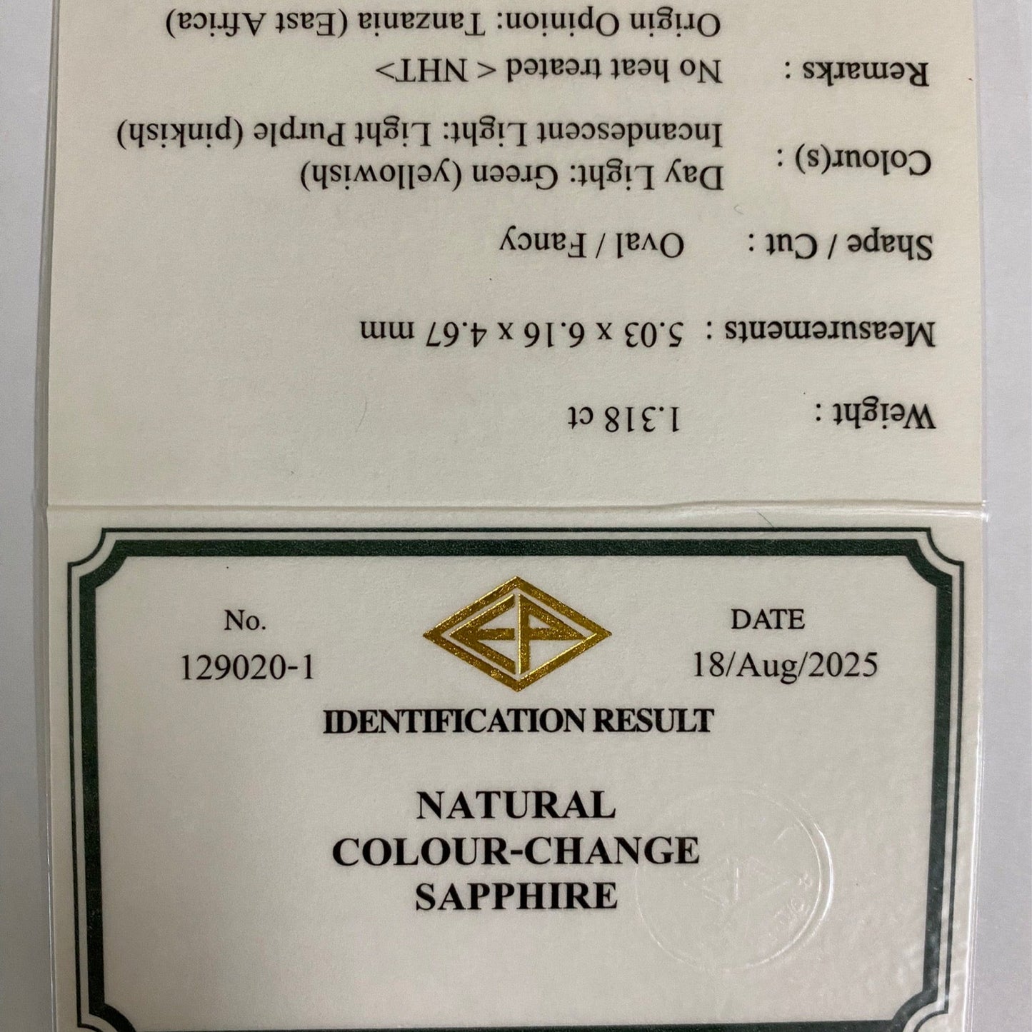 Un-Heat Color Change Sapphire 1.318ct / Tanzania