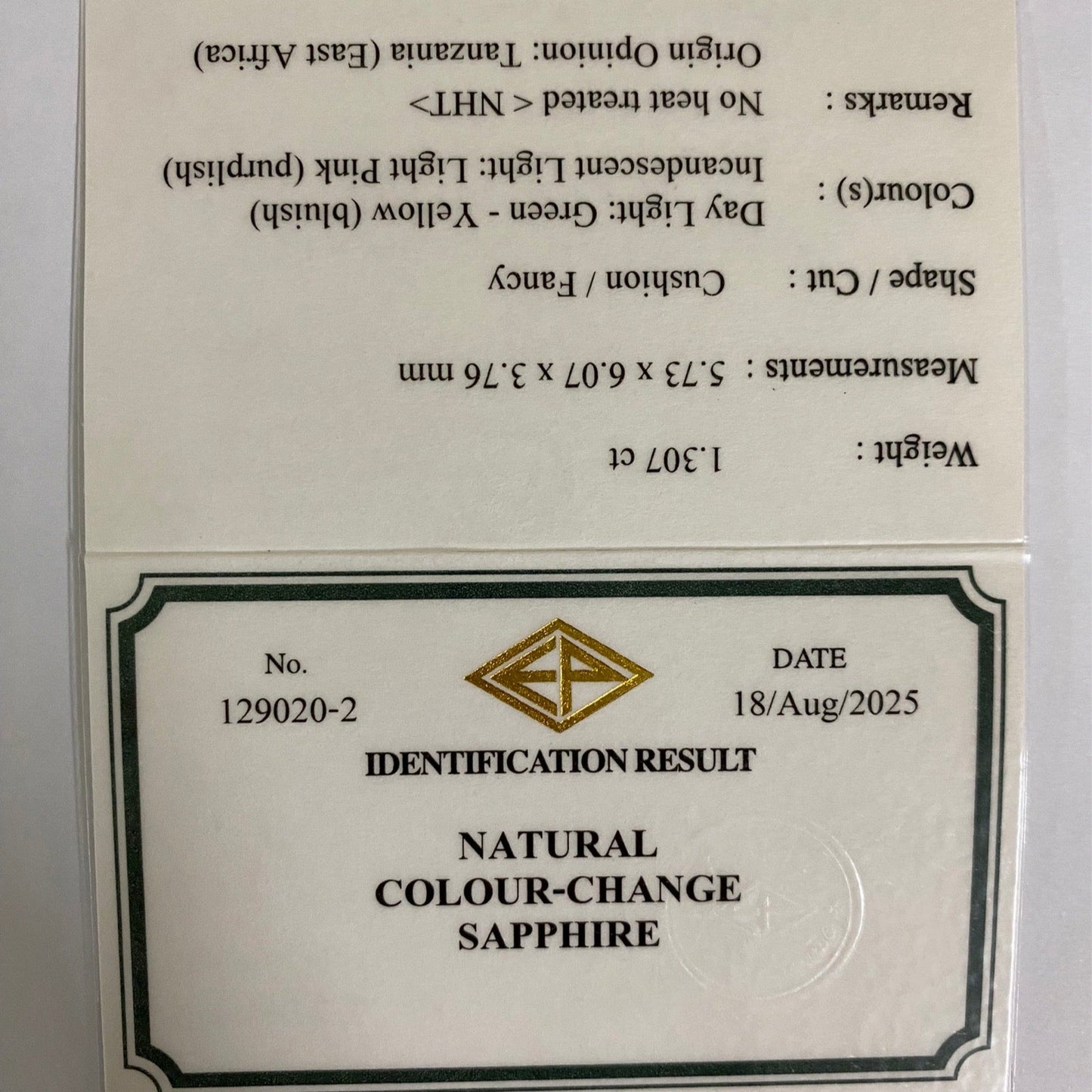 Un-Heat Color Change Sapphire 1.307ct / Tanzania