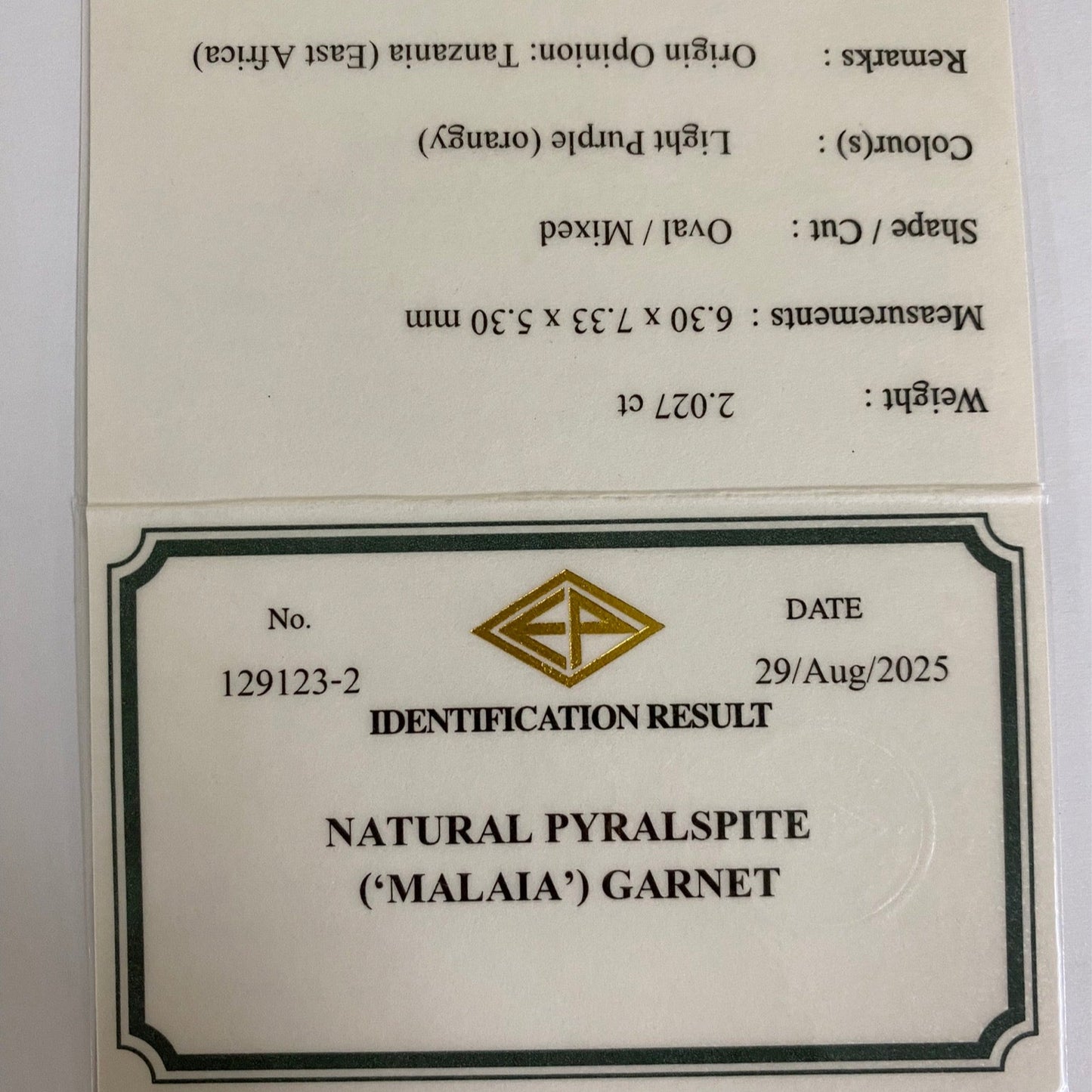Malaya Garnet (Pyralspite) 2.027ct / Tanzania