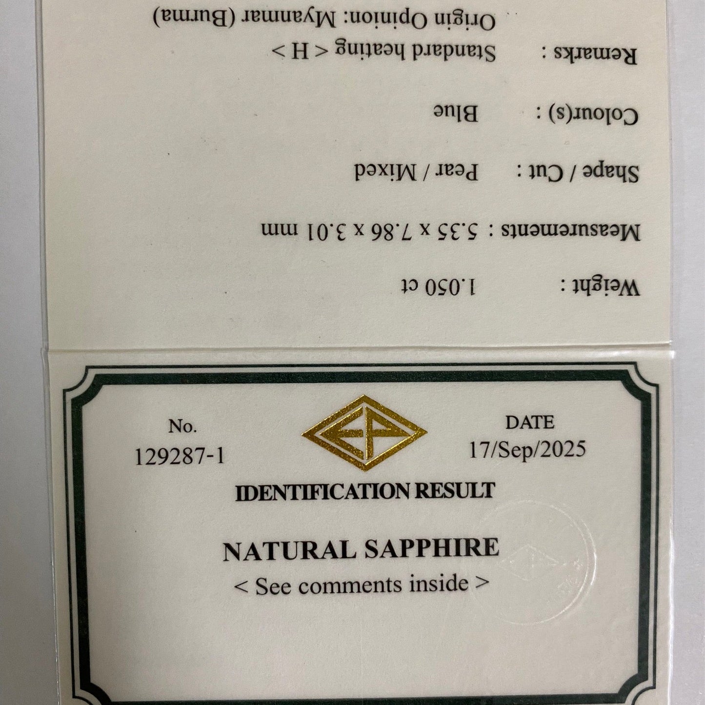 Royal Blue Sapphire 1.050ct / Burma