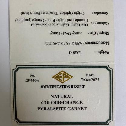 【Trial Price】Color Change Garnet (Pyralspite) 1.382ct / Tanzania