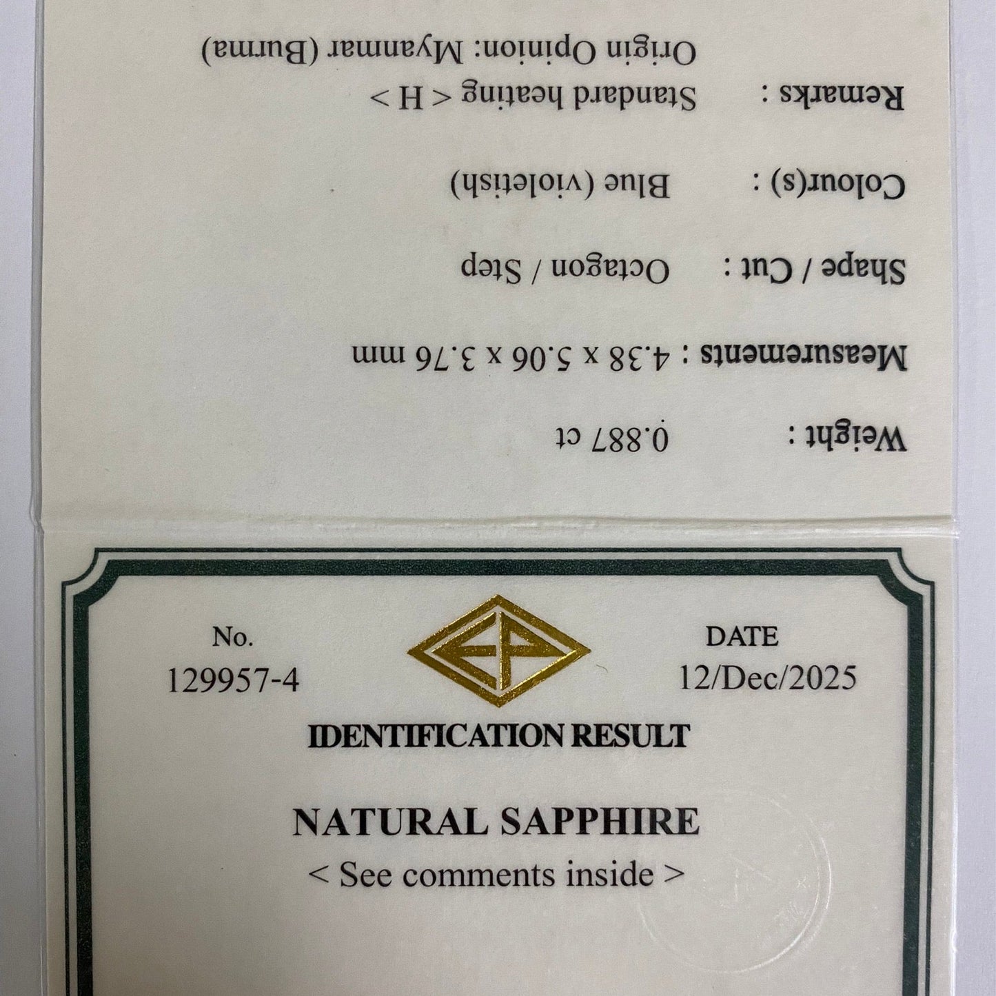 Cornflower Blue Sapphire 0.887ct / Burma